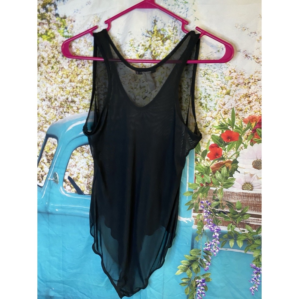 Vtg HAUTY Black Teddy Bodysuit Net Tank Style Size Large Stretchy Cheeky